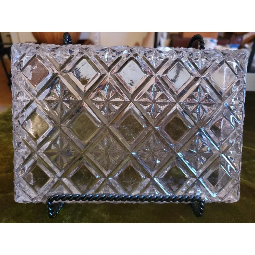 Vintage Diamond Cut Glass Dresser‎ Tray Jewelry Trinket Vanity Display